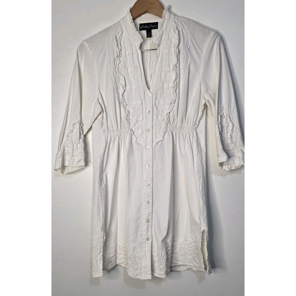 Gretty Zueger Tunic‎ Top Dress Woman White Embroidered Ruffle VNeck Cottage Boho